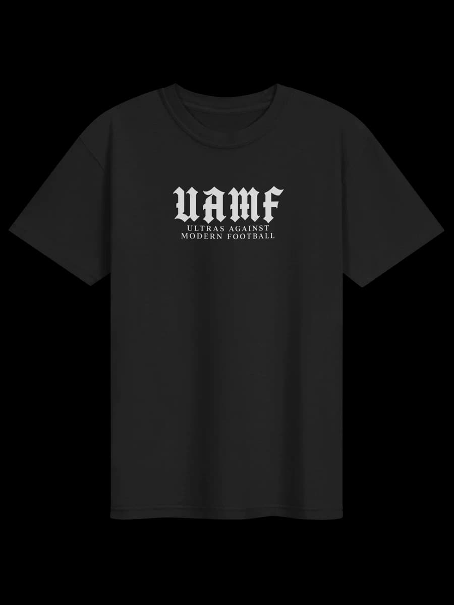 Camiseta negra UAMF con letras blancas en el pecho